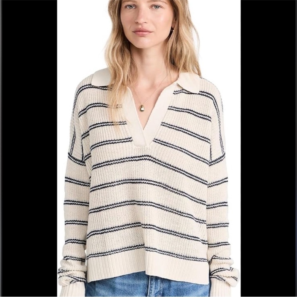 Faherty Miramar Linen Polo Sweater - Size L - Natural Mystic Stripe